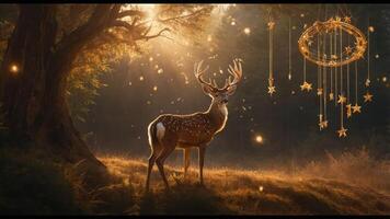 A serene deer in a magical forest illuminated by soft light and hanging stars. photo