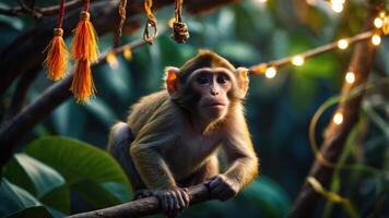 A monkey perched on a branch surrounded by greenery and decorative lights. photo