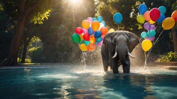 An elephant playfully stands in a pool, holding colorful balloons amidst a lush setting. photo