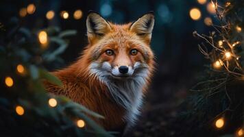 A majestic fox surrounded by soft glowing lights in a dark forest setting. photo