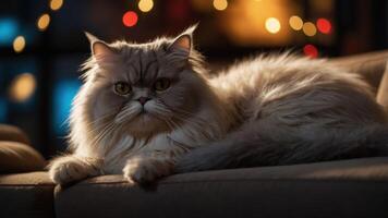 A close-up of a fluffy cat lounging on a couch with soft lighting in the background. photo