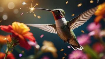 A vibrant hummingbird hovering near colorful flowers, sparkling with a magical effect. photo