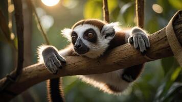 A close-up of a lemur resting on a branch in a lush environment. photo