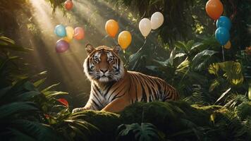 A tiger lounges in a lush jungle, surrounded by colorful balloons and dappled sunlight. photo