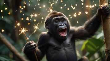 A playful gorilla holding sparklers in a lush jungle setting, exuding joy and excitement. photo