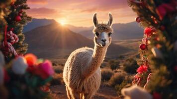 A llama stands framed by festive decorations at sunset in a mountainous landscape. photo