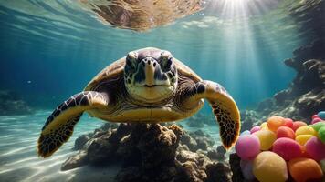 A serene underwater scene featuring a turtle swimming near colorful spheres. photo