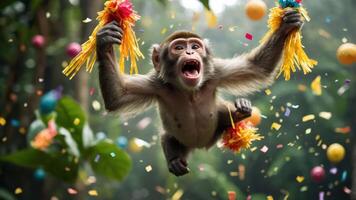 A joyful monkey celebrating with colorful decorations and confetti in a vibrant setting. photo