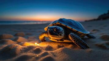 A turtle on the beach at sunset, illuminated by a small flame in the sand. photo