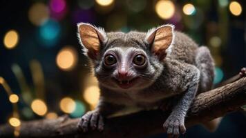 A close-up of a small, expressive animal on a branch with colorful bokeh in the background. photo