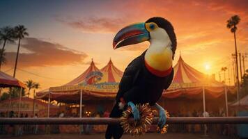 A colorful toucan perched in front of a circus tent at sunset. photo
