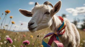 A goat adorned with a colorful ribbon stands in a vibrant flower field under a blue sky. photo