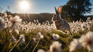 A rabbit leaps joyfully through a field of dandelions under a bright sun. photo