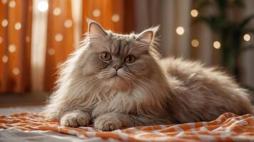 A fluffy cat lounging on a blanket with warm, ambient lighting in the background. photo