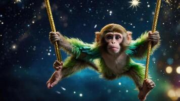 A playful monkey swings on ropes against a starry, cosmic background, showcasing agility. photo