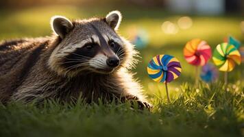 A raccoon lounging in a grassy area with colorful pinwheels in the background. photo