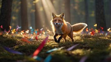 A fox joyfully runs through a forest adorned with colorful paper pinwheels. photo
