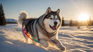 A happy dog running through the snow at sunset, showcasing joy and freedom in nature. photo