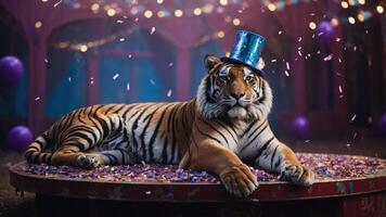 A tiger wearing a blue top hat sits on a colorful platform, surrounded by confetti and decorations. photo