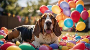 A playful basset hound surrounded by colorful balloons and confetti in a festive setting. photo