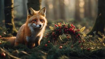 A fox in a forest setting, surrounded by a wreath of berries, creating a serene atmosphere. photo