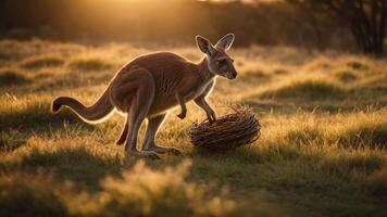 A kangaroo interacts with a nest in a sunlit field during golden hour. photo
