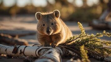 A cute wombat resting on a log surrounded by greenery in a serene outdoor setting. photo