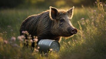 A wild boar stands in a field near a can, surrounded by flowers and soft sunlight. photo