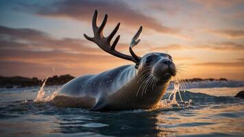 A surreal scene of a seal with antlers emerging from the water at sunset. photo