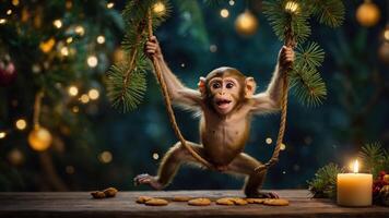 A playful monkey swings on a rope near cookies and a candle, surrounded by festive decorations. photo
