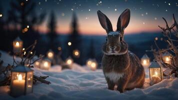 A serene winter scene featuring a rabbit among lanterns in the snow at dusk. photo