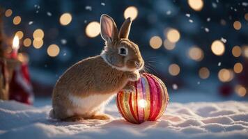 A rabbit playing with a colorful lantern in a snowy landscape, creating a festive atmosphere. photo