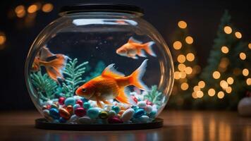 A goldfish bowl with colorful pebbles and festive lights in the background. photo