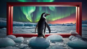 A penguin stands on ice with the aurora borealis in the background, framed by a red border. photo