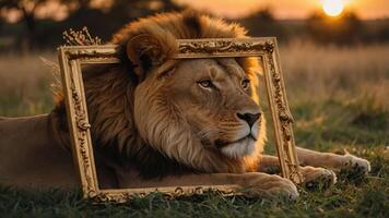 A lion rests with a decorative frame, blending nature and art at sunset. photo