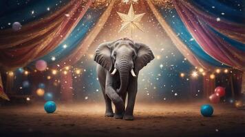 A circus-themed scene featuring an elephant with decorations and colorful elements. photo
