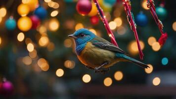 A colorful bird perched amidst festive decorations and blurred lights. photo
