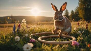 A playful rabbit hops around a hoop in a vibrant field during sunset. photo