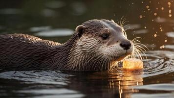 An otter swimming in water with a small object in its mouth, illuminated by sunlight. photo