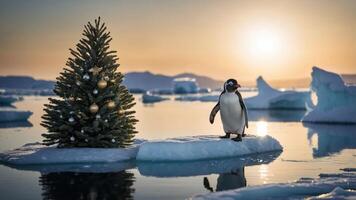 A penguin stands beside a decorated Christmas tree on an ice floe at sunset. photo
