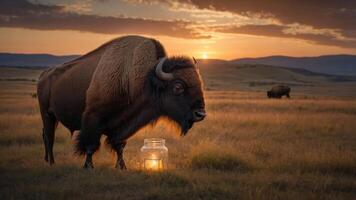 A bison stands near a glowing jar at sunset, creating a serene wildlife scene. photo