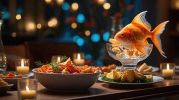 A whimsical dinner setting featuring a goldfish in a bowl amidst a festive ambiance. photo