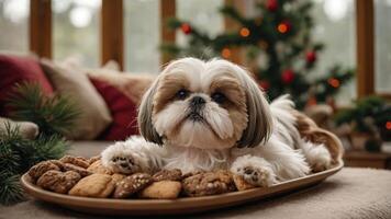 A Shih Tzu rests on a plate of cookies near a festive Christmas tree. photo