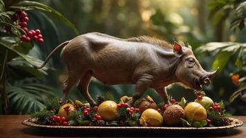 A whimsical scene featuring a wild boar on a decorative platter surrounded by fruits and foliage. photo