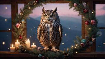 An owl perched in a festive wreath by a window with candles and a scenic background. photo