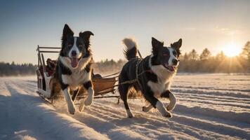 Two border collies pulling a sled through snowy terrain at sunset. photo