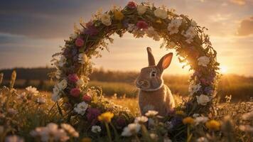 A serene rabbit sits amidst a floral wreath during sunset in a tranquil field. photo