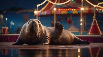 A walrus lounging at a colorful carnival setting, creating a whimsical atmosphere. photo