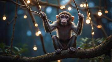 A monkey sitting on a branch surrounded by soft glowing lights in a forest setting. photo