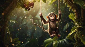 A playful monkey swings on a rope in a lush jungle, surrounded by greenery and gifts. photo
